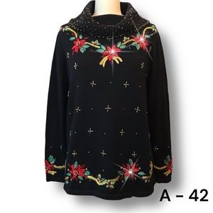 Theme Works Woman's Cardigan Sz PM Black Sequins Poinsettia Holiday Beaded